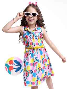 Hola Bonita - Knit Sleeveless Collared Shirt Style Frock with Fruits Print Pink