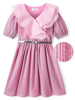 Hola Bonita - Knit Half Sleeves Double Collar Shimmer Party Dress Pink