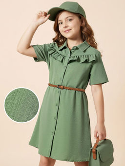 Hola Bonita - Woven Half Sleeves Solid Color Collared Shirt Dress Green