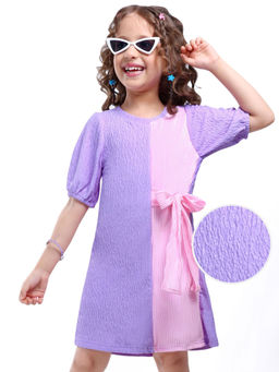 Hola Bonita - Girls Knit Half Sleeve Textured Knee Length Solid Frock Lavender