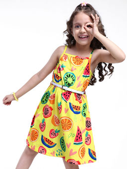 Hola Bonita - Knit Sleeveless Fruits Printed Dress Yellow