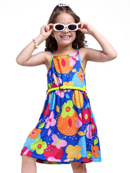 Hola Bonita - Knit Sleeveless Floral Printed Dress Blue