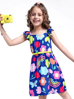 Hola Bonita - Knit Frill Sleeves Dress With Floral and Butterfly Print Blue