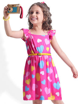 Hola Bonita - Knit Frill Sleeves Frock with Heart Print Pink