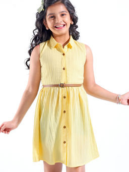 Hola Bonita - Woven Sleeveless Solid Color Collared Shirt Dress Yellow