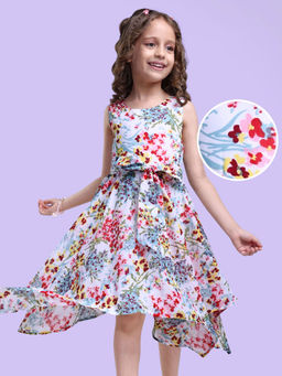 Hola Bonita - Woven Sleeveless Floral Printed Dress with Handkerchief Hem Design Multi