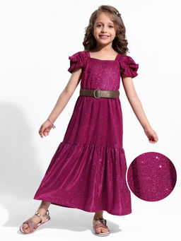 Hola Bonita - Knit Cold Shoulder Sleeves Solid Shimmer Party Dress Pink