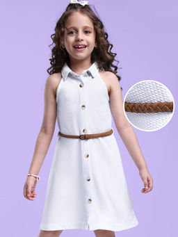 Hola Bonita - Knit Sleeveless Solid Color Textured Shirt Dress White