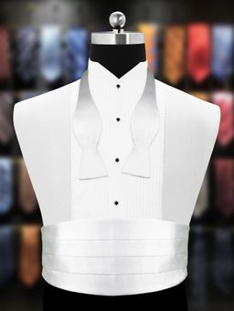 PELUCHE - Royal White Cummerbund, Open Bow Tie & Pocket Square Set for Men