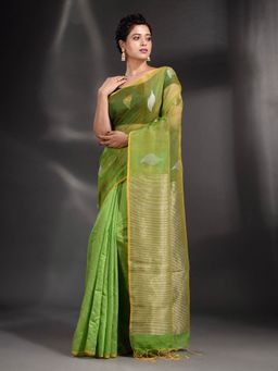 Arhi - Green Blended Cotton Handwoven Saree with Unstitched Blouse