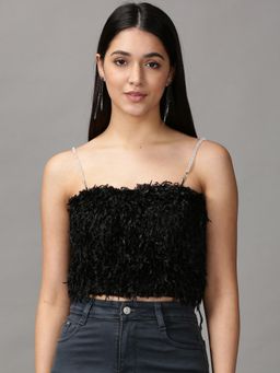 SHOWOFFFF - Womens Shoulder Straps Tube Self Design Black Crop Top
