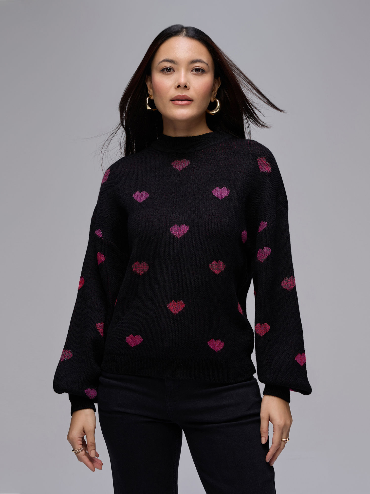 Black Acrylic High Neck Full Puff Sleeves Sweater-image-6