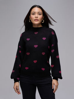 Twenty Dresses by Nykaa Fashion - Black Acrylic High Neck Full Puff Sleeves Sweater