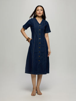 Twenty Dresses by Nykaa Fashion - Dark Blue Denim V Neck Half Sleeves Button Down Midi Dress