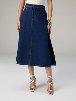 Twenty Dresses by Nykaa Fashion - Dark Blue Denim High Waist A-Line Midi Skirt With Belt