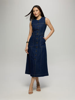Twenty Dresses by Nykaa Fashion - Dark Blue Denim Sleeveless Fit and Flare Midi Dress