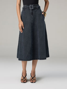 Twenty Dresses by Nykaa Fashion - Charcoal Denim High Waist A-Line Midi Skirt With Belt