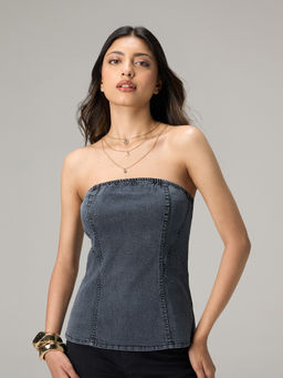 Twenty Dresses by Nykaa Fashion - Charcoal Denim Fitted Tube Top