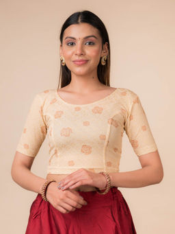 BINDIGASM'S ADVI - Cream Metallic Rose Floral Zari Stretchable Stitched Blouse