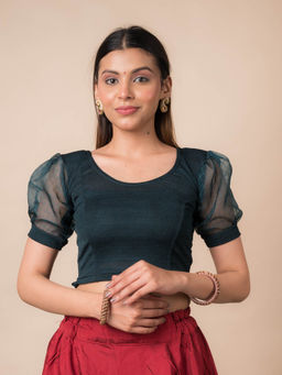 BINDIGASM'S ADVI - Green Madhubala Sheer Organza Puff Sleeve Stretchable Stitched Blouse