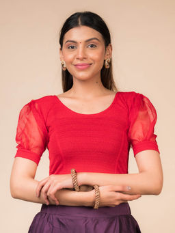BINDIGASM'S ADVI - Red Madhubala Sheer Organza Puff Sleeve Stretchable Stitched Blouse