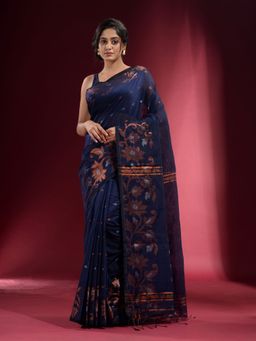 CHARUKRITI - Midnight Blue with Floral Zari Design Saree with Unstitched Blouse