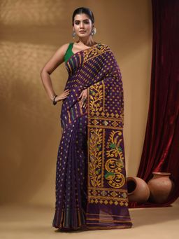 Arhi - Purple Cotton Handwoven jamdhani Saree with Small Buttas and Nakshi Designs