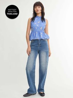 Pomelo - Ruffle Hem Floral Halter Blouse Top - Blue