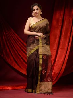 CHARUKRITI - Umber Brown Linen Temple Borders and Woven Floral Motifs Saree with Unstitched Blouse