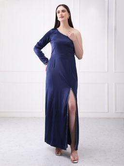GAIIA - Navy Blue Satin Solid Maxi Dress
