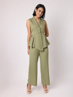 BLANC9 - Green Polyester Solid Blazer With Trouser