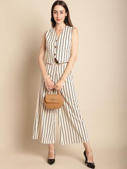 BLANC9 - Beige Cotton Stripes Top With Trouser