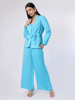 BLANC9 - Blue Polyester Solid Blazer With Top With Trouser