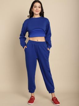 BLANC9 - Blue Cotton Solid Sweatshirt With Cami With jogger