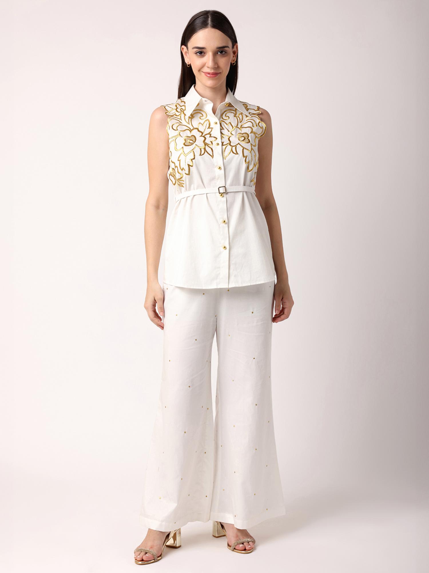 blanc9 Off White Cotton Embroidered Shirt With Trouser-picture-40