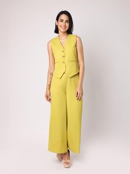 BLANC9 - Green Polyester Solid Waistcoat With Trouser