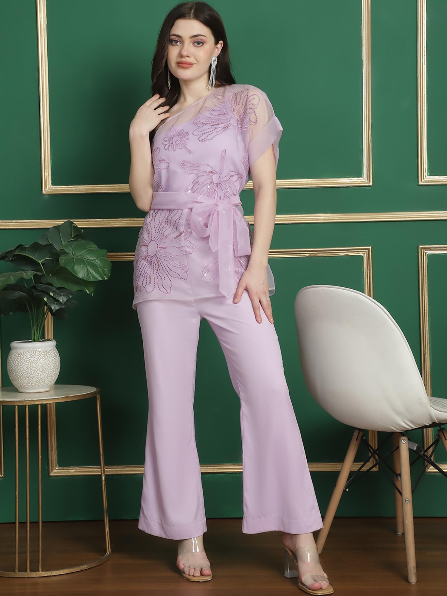 blanc9 Lavender Polyester Embroidered Top With Inner Trouser & Belt-picture-41