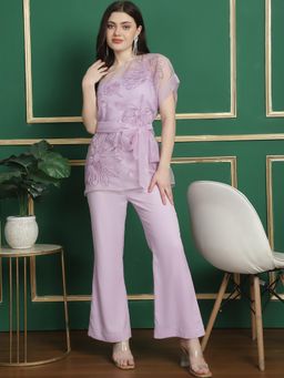 BLANC9 - Lavender Polyester Embroidered Top With Inner Trouser & Belt