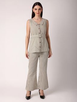 BLANC9 - Beige Cotton Printed Top With Trouser