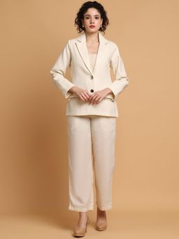 BLANC9 - Cream Polyester Solid Blazer With Trouser
