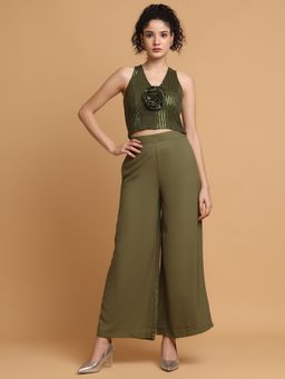 BLANC9 - Green Polyester Embellished Top With Trouser