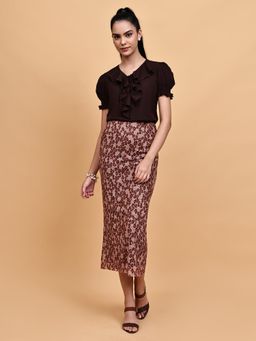 BLANC9 - Brown Polyester Solid Top With Skirt