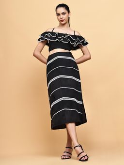 BLANC9 - Black Linen Blend Solid Top With Skirt