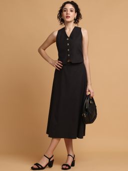 BLANC9 - Black Cotton Solid Waistcoat With Skirt