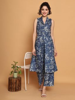 BLANC9 - Blue Linen Blend Printed Top With Trouser