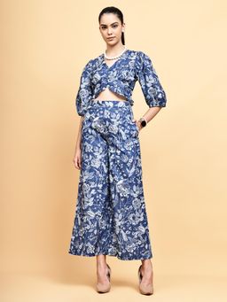 BLANC9 - Blue Linen Blend Printed Top With Trouser