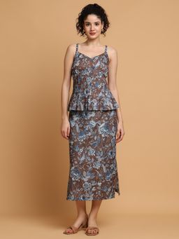 BLANC9 - Brown Polyester Printed Top With Skirt