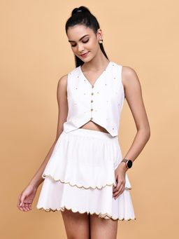 BLANC9 - White Pure Cotton Embroidered Waistcoat With Skirt
