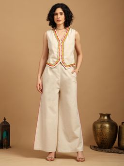 BLANC9 - Beige Cotton Embellished Waistcoat With Skirt