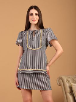 BLANC9 - Black Linen Blend Stripes Top With Skirt